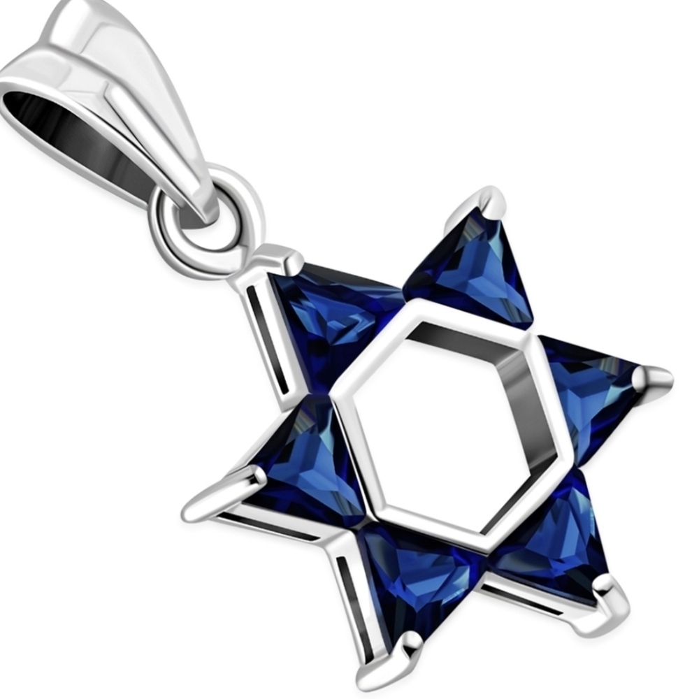 PENDANT, Sterling Silver Star of David with 6 Blue Sapphire CZ gems Medium